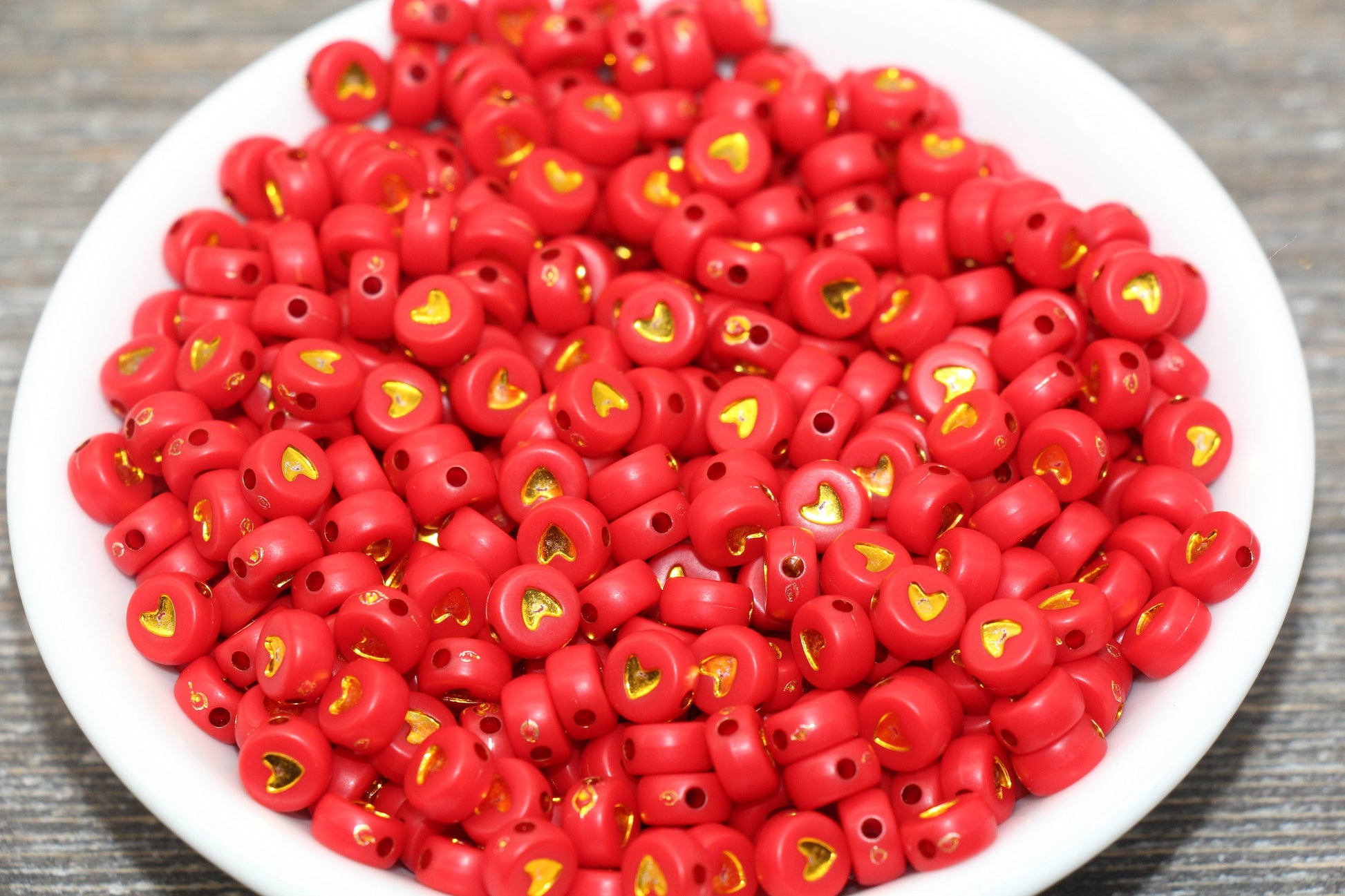 Gold Heart Beads, Acrylic Red Beads with Gold Hearts, Red Plastic Heart Beads, Acrylic Symbol Beads, Heart Beads, Size 7mm #382