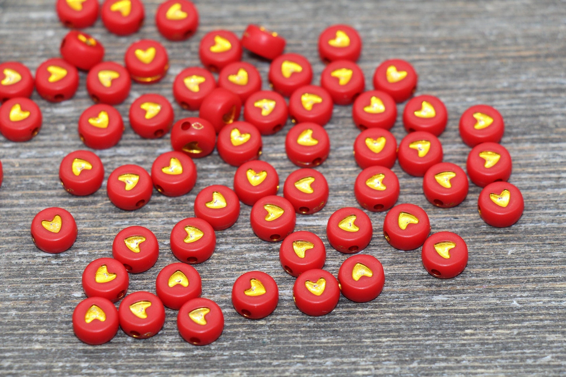 Gold Heart Beads, Acrylic Red Beads with Gold Hearts, Red Plastic Heart Beads, Acrylic Symbol Beads, Heart Beads, Size 7mm #382