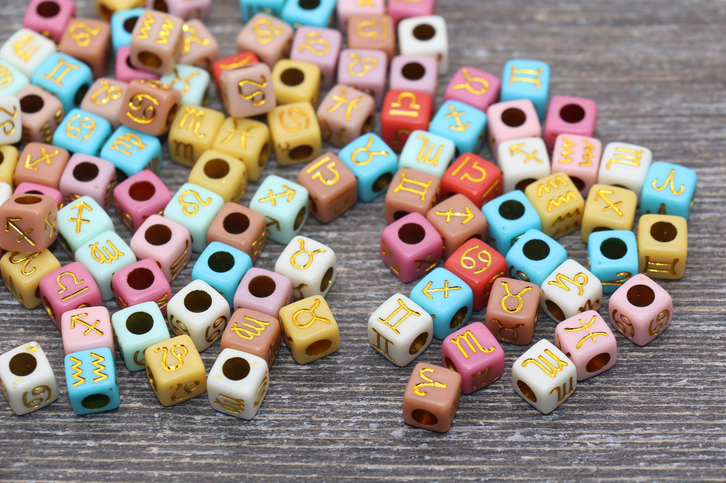 Gold Zodiac Symbol Beads, Zodiac Cube Beads, Multicolor Zodiac Acrylic Cube Beads, Acrylic Square Beads, Bracelet Beads, Size 7mm #49