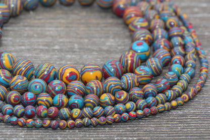 Peacock Stone Beads, Malachite Synthetic Beads, Smooth Gemstone Round Beads, Red Yellow and Blue Beads, Sizes 4mm 6mm 8mm 10mm 12mm #158
