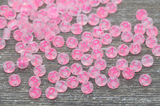 NEW COLOR! Matte Pink Round Alphabet Letter Beads, Matte Beads with Pink Letters, Acrylic Round Name Beads, Name Beads, Size 7mm #1162