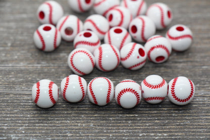 Baseball Beads, Red and White Baseball Beads, Sport Ball Beads, Round Bubblegum Beads, Chunky Beads, Bracelet Beads #1732