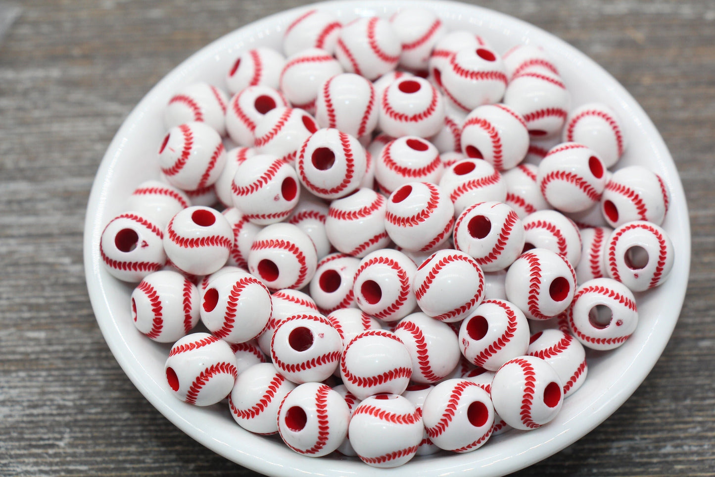 Baseball Beads, Red and White Baseball Beads, Sport Ball Beads, Round Bubblegum Beads, Chunky Beads, Bracelet Beads #1732