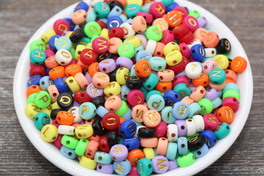 NEW COLOR! Multicolor Round Alphabet Letter Beads, Multicolored Beads with Gold Letters, Acrylic Round Name Beads, Size 7mm #1735