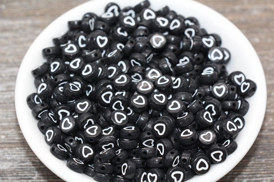 Outline Heart Beads, Black Beads with White Heart Beads, Open Heart Beads, Acrylic Heart Symbol Beads, Size 7mm #1739