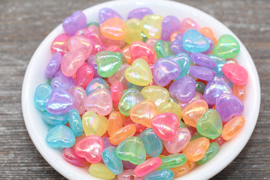 Iridescent Multicolored Heart Beads, Rainbow Acrylic Heart Beads, Plastic Colorful Heart Beads #1743