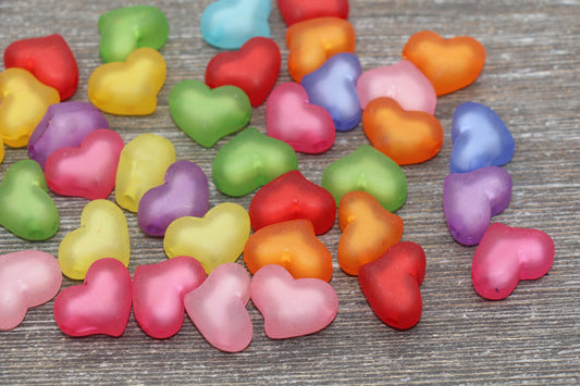 Matte Multicolored Heart Beads, Frosted Large Heart Beads, Plastic Colorful Heart Beads #1750