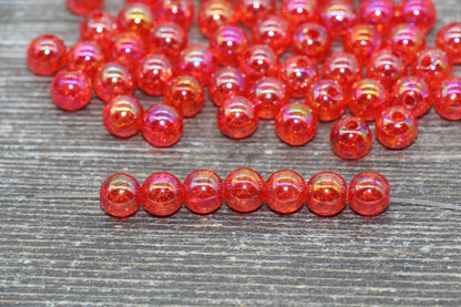 8mm Red AB Gumball Beads, Iridescent Acrylic Crackle Loose Beads, Bubblegum Beads, Chunky Beads, Smooth Round Plastic Beads #1757