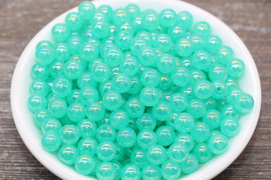 8mm Jelly Aqua Mint Green AB Gumball Beads, Iridescent Acrylic Round Loose Beads, Bubblegum Beads, Chunky Beads, Smooth Round Beads #1768