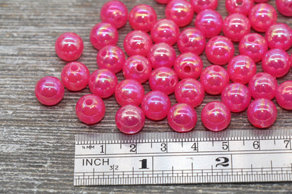 10mm Jelly Hot Pink AB Gumball Beads, Iridescent Acrylic Loose Beads, Bubblegum Beads, Chunky Beads, Smooth Round Plastic Beads #1770