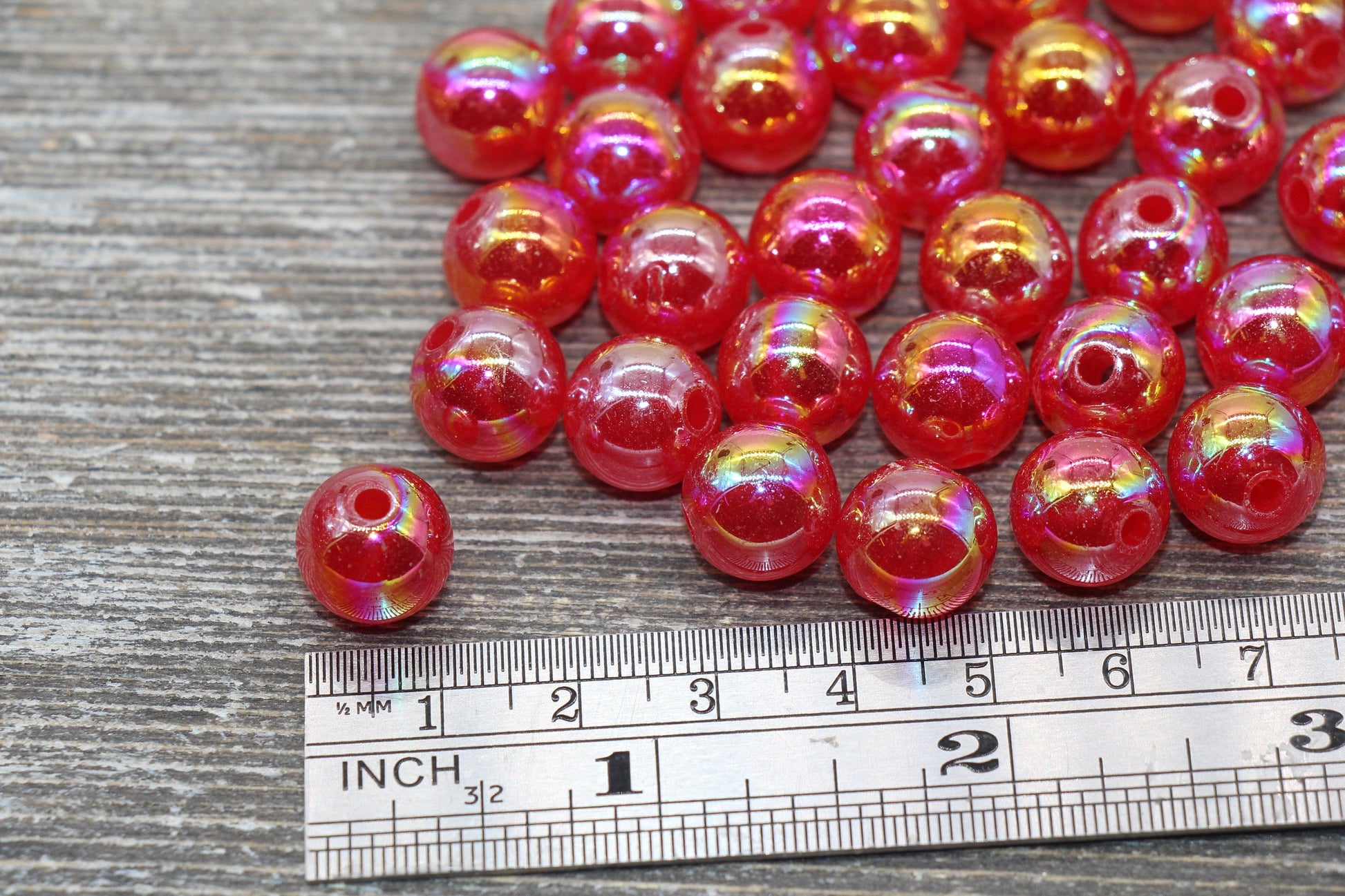 12mm Jelly Red Iridescent Gumball Beads, Rainbow AB Acrylic Loose Beads, Bubblegum Beads, Chunky Beads, Smooth Round Beads #1778