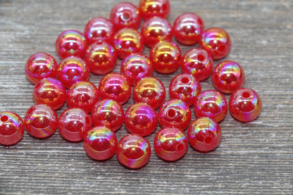 12mm Jelly Red Iridescent Gumball Beads, Rainbow AB Acrylic Loose Beads, Bubblegum Beads, Chunky Beads, Smooth Round Beads #1778