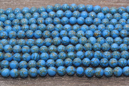 Gold Lace Turquoise Beads, Blue Gemstone Beads, Gemstone Smooth Round Beads, Sizes 4mm 6mm 8mm 10mm 12mm, 15.5 inch, #211