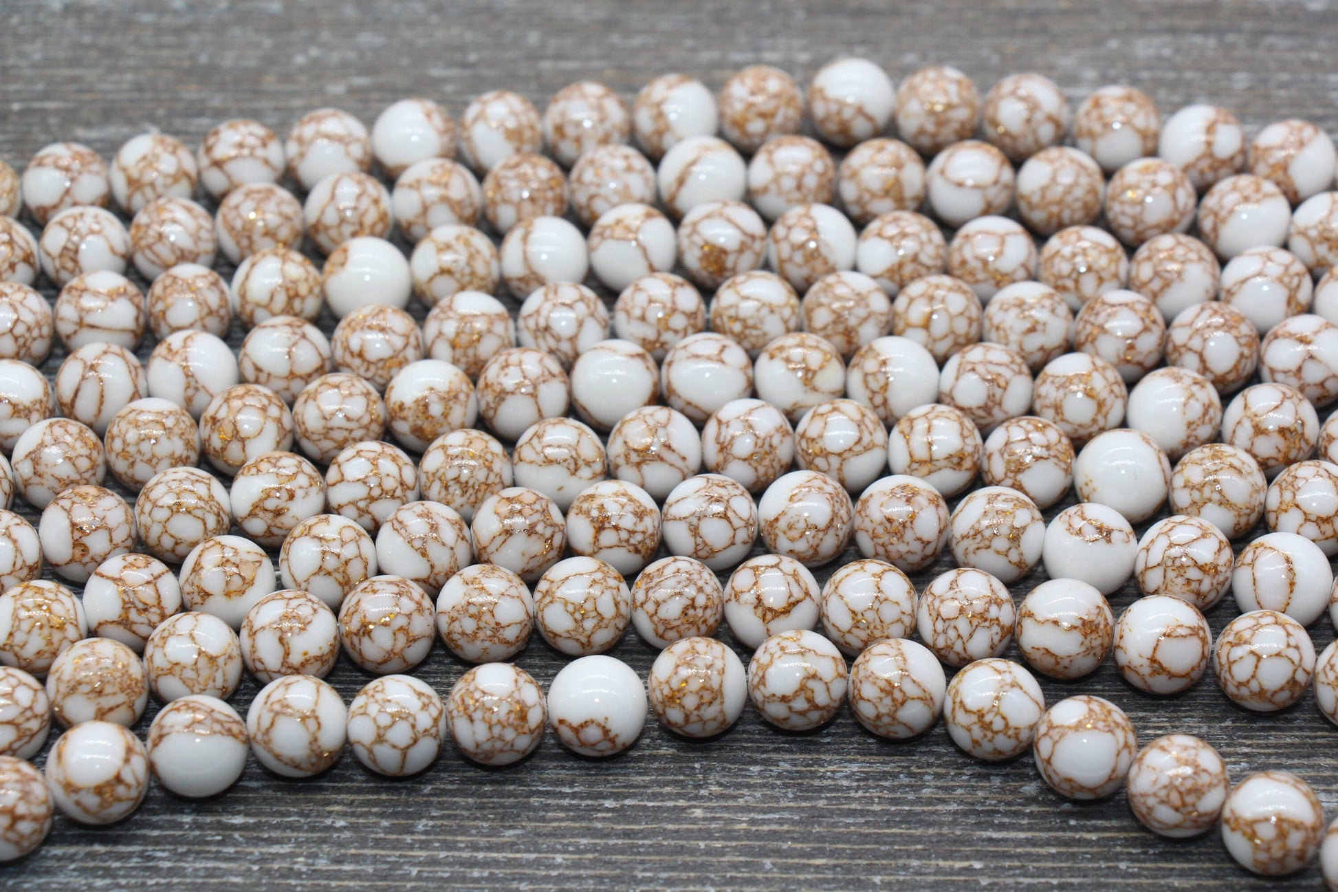 Gold Lace Turquoise Beads, White Turquoise with Gold Lace Gemstone Beads, Smooth Round Beads, Sizes 4mm 6mm 8mm 10mm 12mm, 15.5 inch, #210