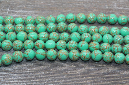 Gold Lace Turquoise Beads, Green Gemstone Beads, Gemstone Smooth Round Beads, Sizes 4mm 6mm 8mm 10mm 12mm, 15.5 inch, #215
