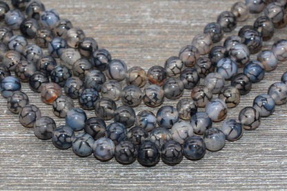 Black Dragon Vein Agate Beads, Dragon Vein Gemstone Smooth Round Beads, Agate Gemstone Beads, 4mm 6mm 8mm 10mm, Full Strand 15.5 inch, #95