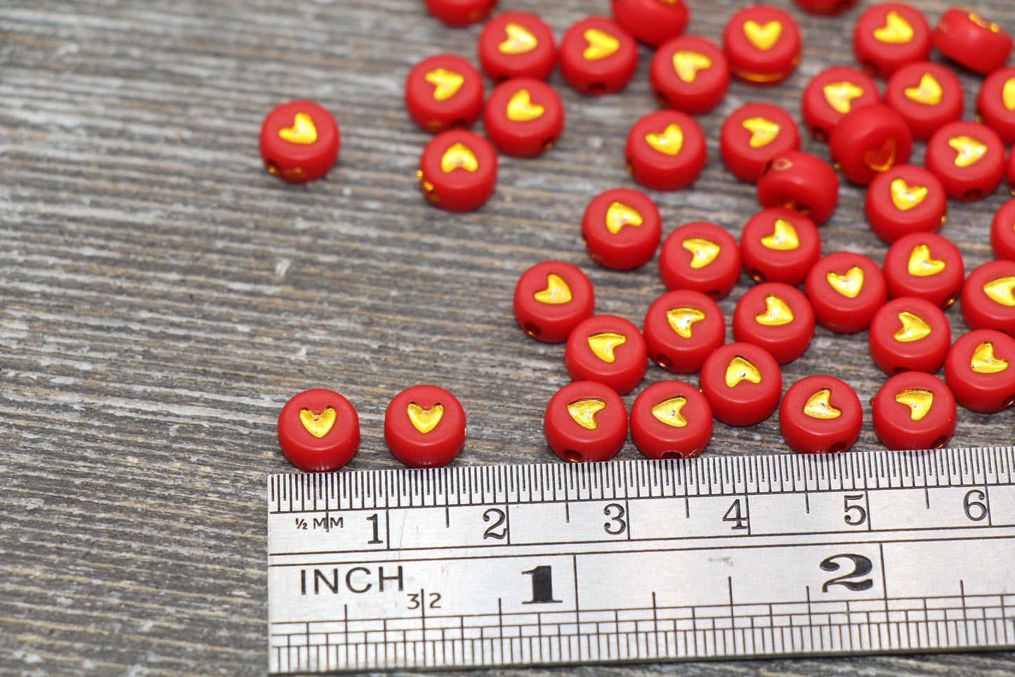 Gold Heart Beads, Acrylic Red Beads with Gold Hearts, Red Plastic Heart Beads, Acrylic Symbol Beads, Heart Beads, Size 7mm #382