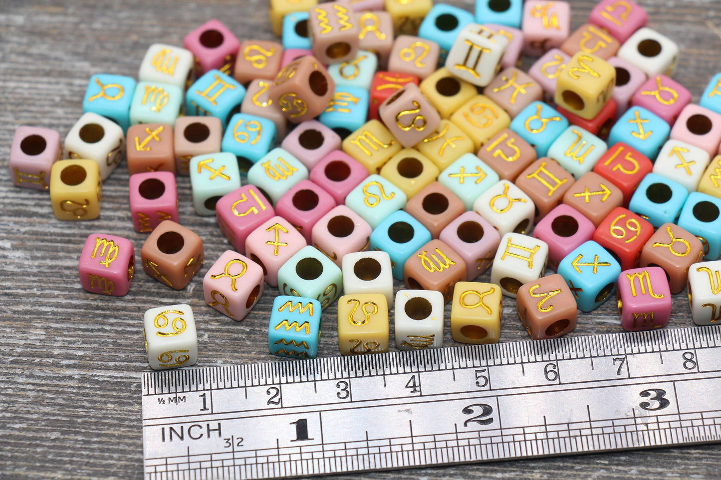 Gold Zodiac Symbol Beads, Zodiac Cube Beads, Multicolor Zodiac Acrylic Cube Beads, Acrylic Square Beads, Bracelet Beads, Size 7mm #49