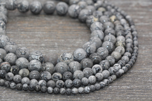 Gray Map Jasper Beads, Gray Gemstone Round Beads, Jewelry Making Bracelet Beads, Size 4mm 6mm 8mm 10mm 12mm, 15.5'' Strand, #11