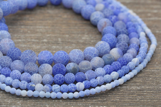 Blue Effloresce Agate Beads, Crackled Agate Bead, Frosted Round Matte Gemstone Loose Beads, 4mm 6mm 8mm 10mm 12mm, Full Strand, #113
