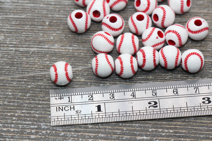 Baseball Beads, Red and White Baseball Beads, Sport Ball Beads, Round Bubblegum Beads, Chunky Beads, Bracelet Beads #1732