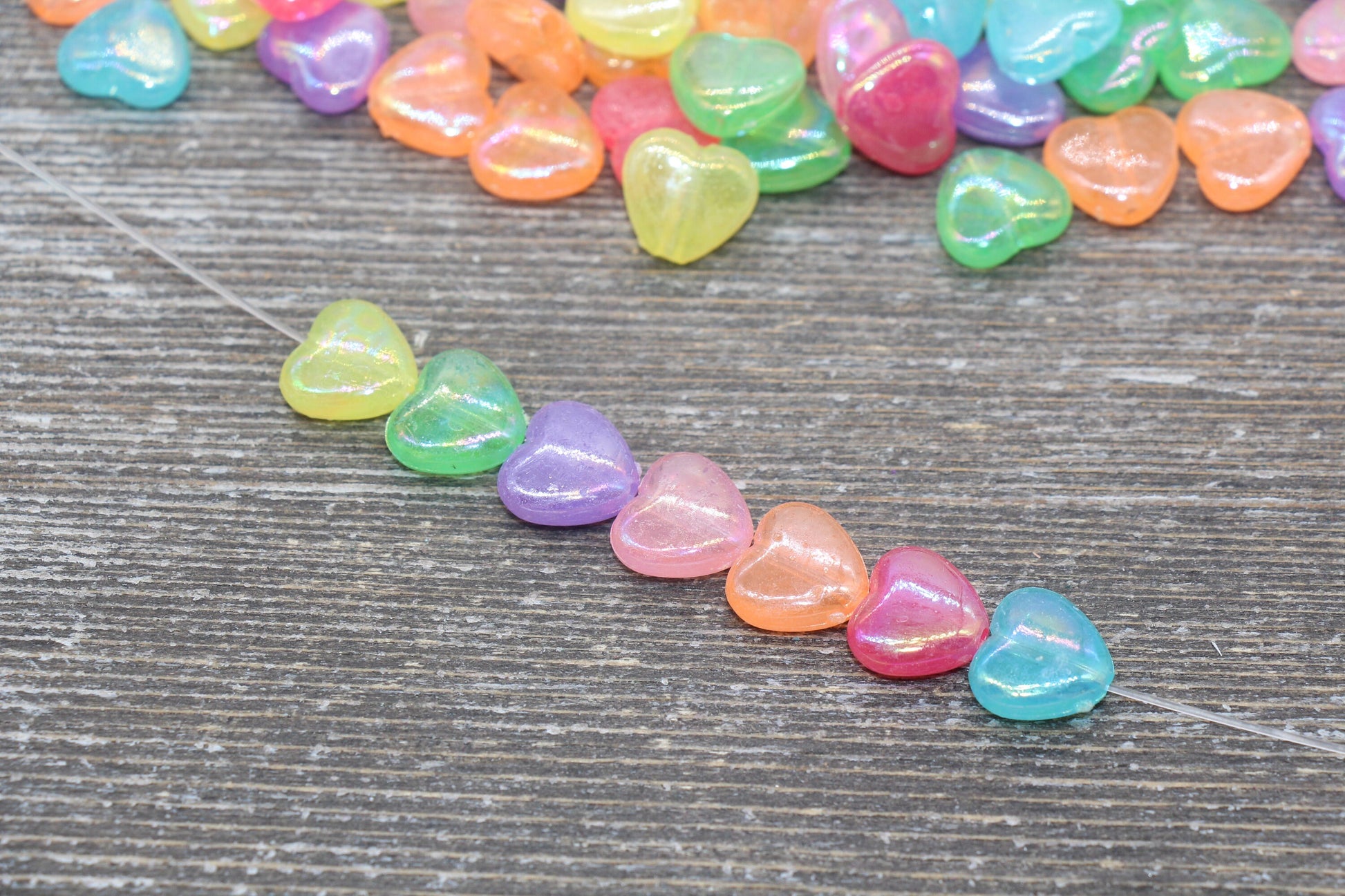 Iridescent Multicolored Heart Beads, Rainbow Acrylic Heart Beads, Plastic Colorful Heart Beads #1743