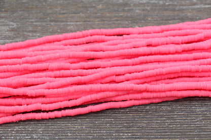 4mm Punch Pink Heishi Beads, Polymer Clay Disc Beads, African Disc Beads, Vinyl Heishi, 16 inch Strand #560