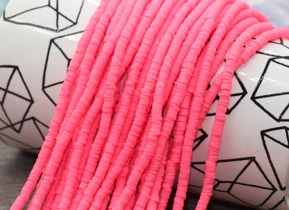 4mm Punch Pink Heishi Beads, Polymer Clay Disc Beads, African Disc Beads, Vinyl Heishi, 16 inch Strand #560