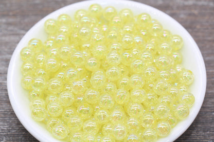 8mm Yellow AB Gumball Beads, Iridescent Acrylic Crackle Loose Beads, Bubblegum Beads, Chunky Beads, Smooth Round Plastic Beads #1755