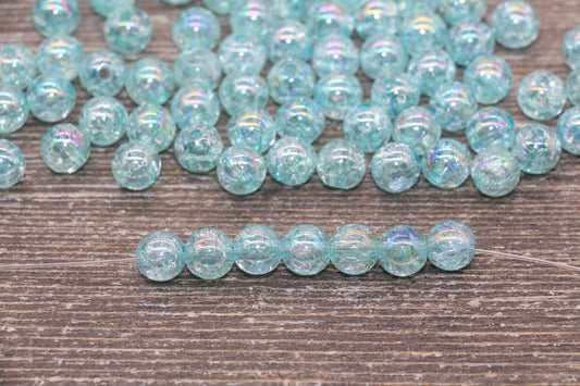 8mm Baby Blue AB Gumball Beads, Iridescent Acrylic Crackle Loose Beads, Blue Bubblegum Beads, Chunky Beads, Smooth Round Plastic Beads #1756