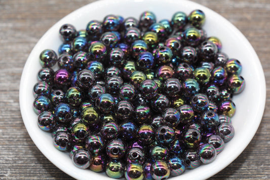 8mm Black AB Gumball Beads, Iridescent Acrylic Crackle Loose Beads, Bubblegum Beads, Chunky Beads, Smooth Round Plastic Beads #1758