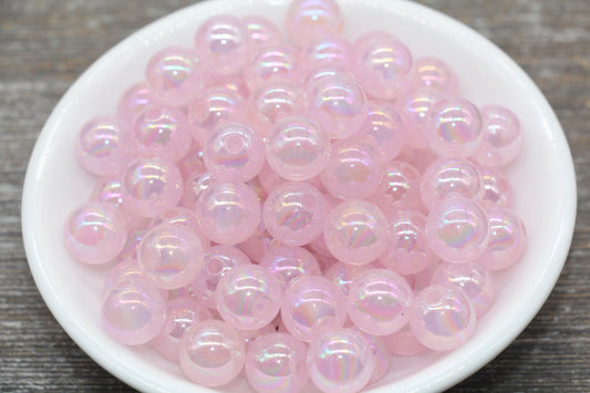 12mm Jelly Pastel Pink Iridescent Gumball Beads, Rainbow AB Acrylic Loose Beads, Bubblegum Beads, Chunky Beads, Smooth Round Beads #1775