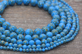 Gold Lace Turquoise Beads, Blue Gemstone Beads, Gemstone Smooth Round Beads, Sizes 4mm 6mm 8mm 10mm 12mm, 15.5 inch, #211