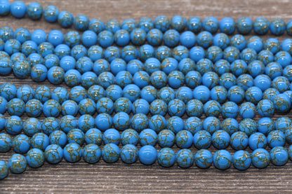 Gold Lace Turquoise Beads, Blue Gemstone Beads, Gemstone Smooth Round Beads, Sizes 4mm 6mm 8mm 10mm 12mm, 15.5 inch, #211