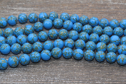Gold Lace Turquoise Beads, Blue Gemstone Beads, Gemstone Smooth Round Beads, Sizes 4mm 6mm 8mm 10mm 12mm, 15.5 inch, #211