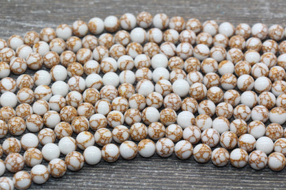 Gold Lace Turquoise Beads, White Turquoise with Gold Lace Gemstone Beads, Smooth Round Beads, Sizes 4mm 6mm 8mm 10mm 12mm, 15.5 inch, #210