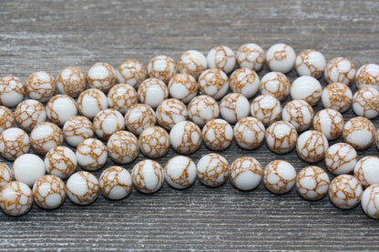 Gold Lace Turquoise Beads, White Turquoise with Gold Lace Gemstone Beads, Smooth Round Beads, Sizes 4mm 6mm 8mm 10mm 12mm, 15.5 inch, #210