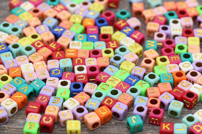 Multicolor Cube Alphabet Letter Beads, Multicolored Beads with Gold Letters, Plastic Letter Beads, Acrylic Square Name Beads, Size 6mm #1312