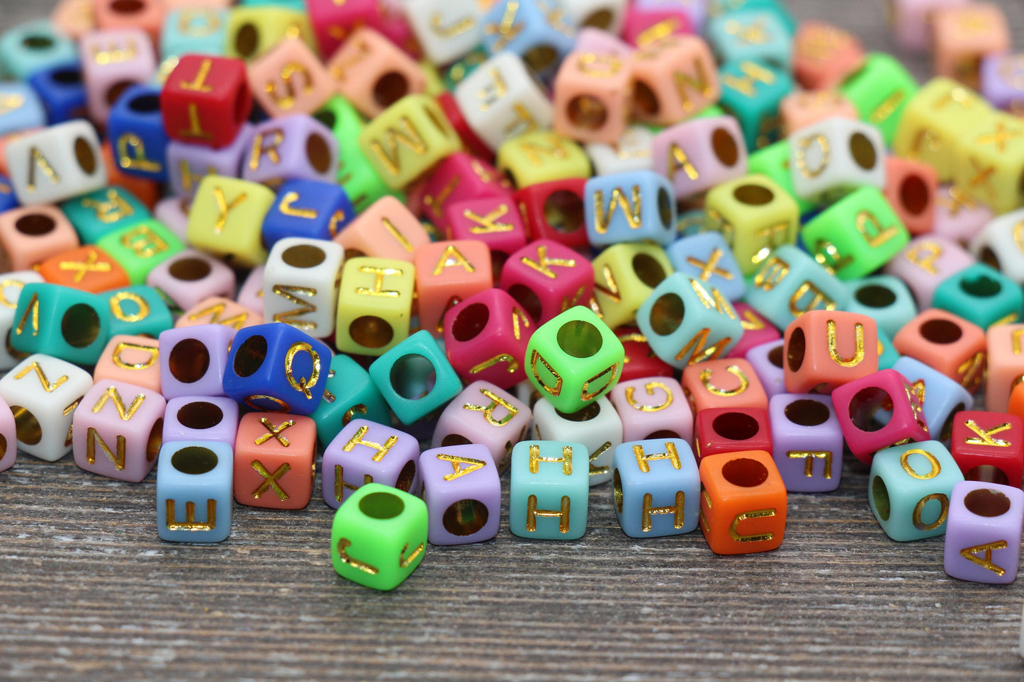 Multicolor Cube Alphabet Letter Beads, Multicolored Beads with Gold Letters, Plastic Letter Beads, Acrylic Square Name Beads, Size 6mm #1312