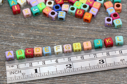 Multicolor Cube Alphabet Letter Beads, Multicolored Beads with Gold Letters, Plastic Letter Beads, Acrylic Square Name Beads, Size 6mm #1312