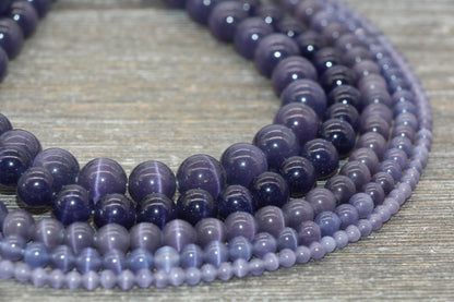Purple Cat Eye Beads, Purple Smooth Round Beads, Sizes 4mm, 6mm, 8mm, 10mm, 12mm, Full Strand 15.5 inch, #207