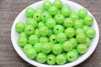 12mm Green AB Gumball Beads, Iridescent Green Acrylic Loose Beads, Solid Bubblegum Beads, Chunky Beads, Smooth Round Plastic Beads #1806