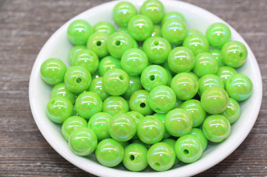 12mm Green AB Gumball Beads, Iridescent Green Acrylic Loose Beads, Solid Bubblegum Beads, Chunky Beads, Smooth Round Plastic Beads #1806