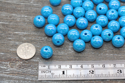 12mm Blue AB Gumball Beads, Iridescent Blue Acrylic Loose Beads, Solid Bubblegum Beads, Chunky Beads, Smooth Round Plastic Beads #1808