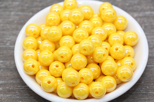 12mm Golden Yellow AB Gumball Beads, Iridescent Acrylic Loose Beads, Solid Bubblegum Beads, Chunky Beads, Smooth Round Plastic Beads #1811