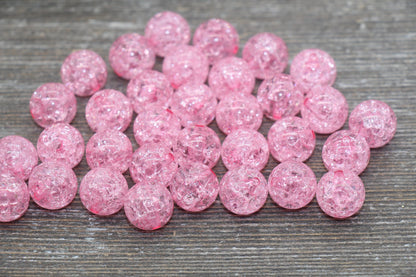 12mm Pink Crackle Gumball Beads, Acrylic Crackle Loose Beads, Bubblegum Beads, Chunky Beads, Smooth Round Plastic Beads #1827