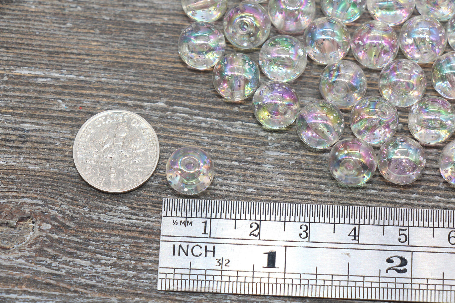 10mm Iridescent Translucent Beads with Silver Glitter, Shinny Bubblegum Beads, Sparkle Chunky Beads, Smooth Round Plastic Beads #1828