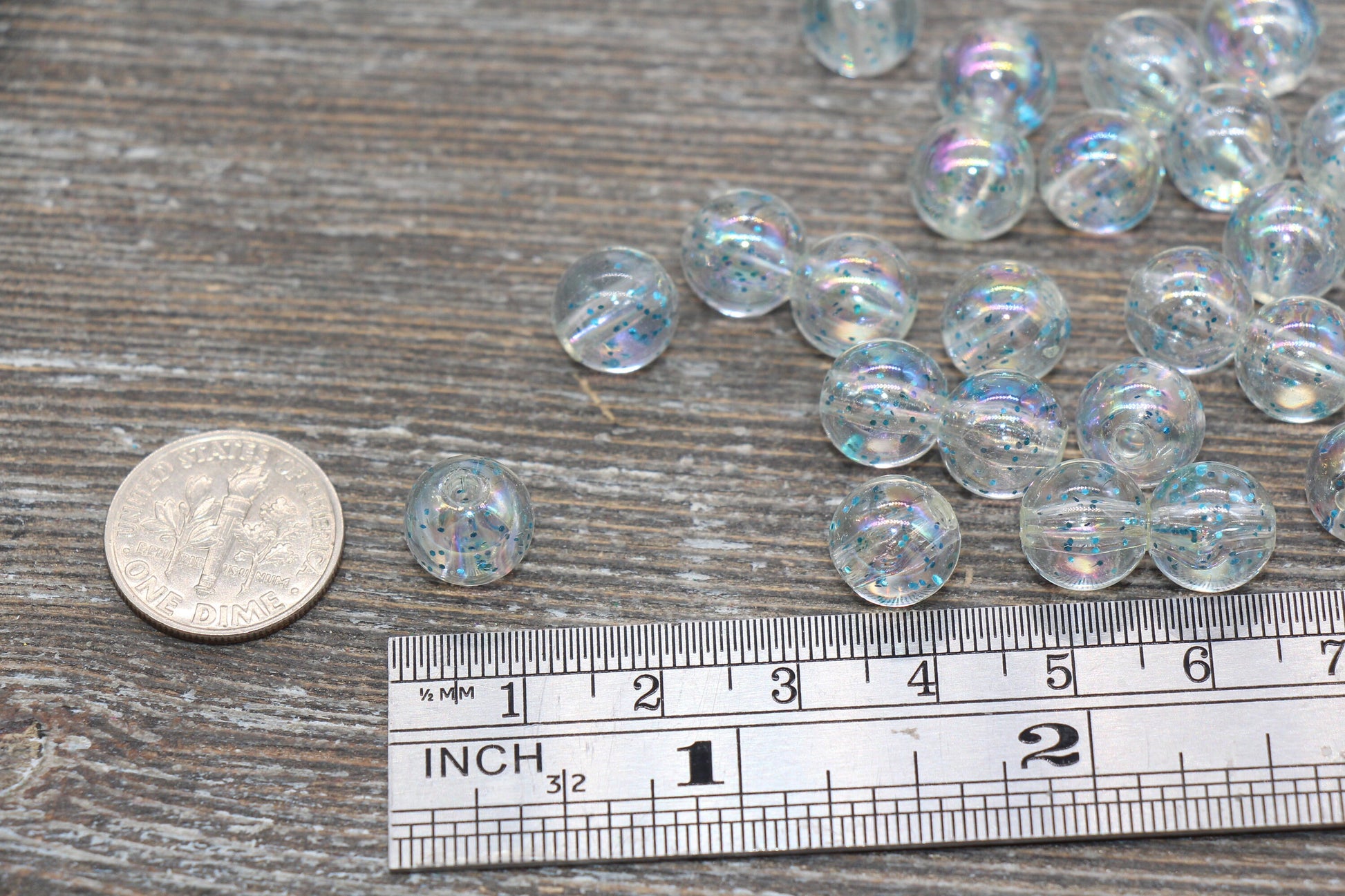 10mm Iridescent Translucent Beads with Blue Glitter, Shinny Bubblegum Beads, Sparkle Chunky Beads, Smooth Round Plastic Beads #1829