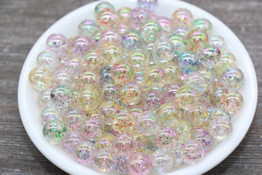 10mm Iridescent Translucent Multicolor Beads with Glitter, Shinny Bubblegum Beads, Sparkle Chunky Beads, Smooth Round Plastic Beads #1831