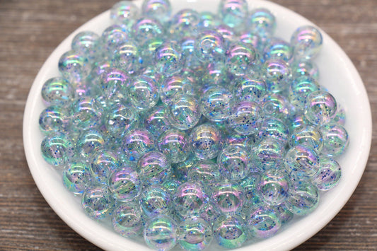 10mm Iridescent Translucent Blue Beads with Glitter, Shinny Bubblegum Beads, Sparkle Chunky Beads, Smooth Round Plastic Beads #1832